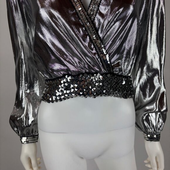 Vintage 70s Disco Shirt Womens Medium Silver Metallic Surplice Wrap Sequin Eveni - Picture 7 of 12